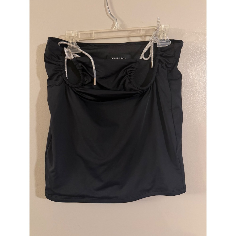 White Fox Boutique Black Ruched Mini Skirt Rhinestone Rope Detail Womens Small